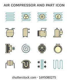 Air compressor or air condenser unit is a part of air conditioning HVAC systems. Vary type of compressor such as reciprocating, scroll, rotary, rotary vane. Including receiver. Vector icon design.