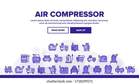 Air Compressor Device Landing Web Page Header Banner Template Vector. Air Compressor, Pump Electronic Equipment, Professional Tool Instrument Illustrations