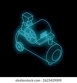 Luftkompressor mit leuchtenden neonblauen Linien auf schwarzem Hintergrund, wodurch eine lebendige und futuristische isometrische Illustration entsteht