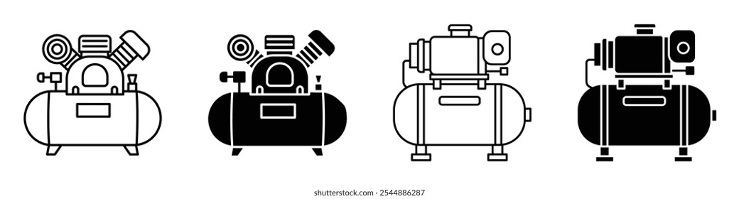 Coleção de ícones do compressor de ar em preto e branco preenchido e estilo de vetor sólido.