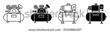 Air compressor icon collection in black and white filled and solid vector style.