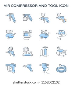 Air compressor icon. Consist of spray gun or airbrush for auto paint repair. Including with pressure tank, bicycle pump, air blow gun, pressure gauge, pneumatic staple, drilling tool, jack hammer etc.