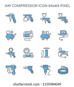 Air compressor icon. Consist of spray gun or airbrush for auto paint repair. Including with pressure tank, bicycle pump, air blow gun, pressure gauge, pneumatic staple, drilling tool, jack hammer etc.