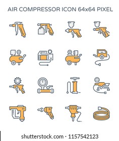Air compressor icon. Consist of spray gun or airbrush for auto paint repair. Including with pressure tank, bicycle pump, air blow gun, pressure gauge, pneumatic staple, drilling tool, jack hammer etc.