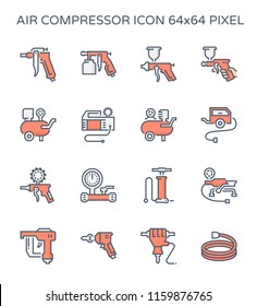 Air compressor icon. Consist of spray gun or airbrush for auto paint repair. Including with pressure tank, bicycle pump, air blow gun, pressure gauge, pneumatic staple, drilling tool, jack hammer etc.