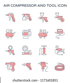 Air compressor icon. Consist of spray gun or airbrush for auto paint repair. Including with pressure tank, bicycle pump, air blow gun, pressure gauge, pneumatic staple, drilling tool, jack hammer etc.