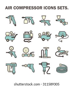 Air compressor icon. Consist of spray gun or airbrush for auto paint repair. Including with pressure tank, bicycle pump, air blow gun, pressure gauge, pneumatic staple, drilling tool, jack hammer etc.