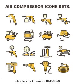 Air Compressor Icon. Consist Of Spray Gun Or Airbrush For Auto Paint Repair. Including With Pressure Tank, Bicycle Pump, Air Blow Gun, Pressure Gauge, Pneumatic Staple, Drilling Tool, Jack Hammer Etc.