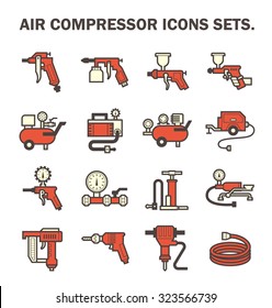 Air Compressor Icon. Consist Of Spray Gun Or Airbrush For Auto Paint Repair. Including With Pressure Tank, Bicycle Pump, Air Blow Gun, Pressure Gauge, Pneumatic Staple, Drilling Tool, Jack Hammer Etc.