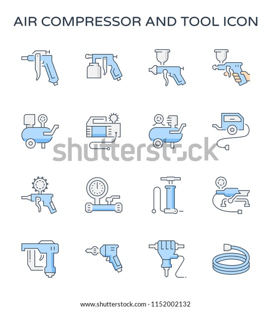 Air compressor icon. Consist of spray gun or\
airbrush for auto paint repair. Including with pressure tank,\
bicycle pump, air blow gun, pressure gauge, pneumatic staple,\
drilling tool, jack hammer\
etc.