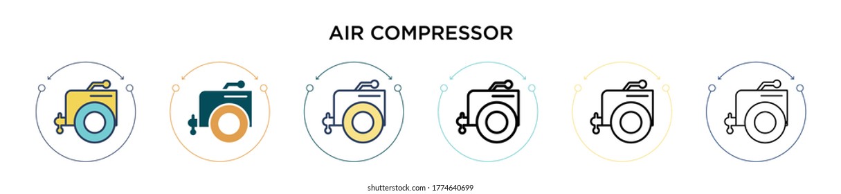 Icono del compresor de aire en el estilo relleno, delgado, contorno y trazo. Ilustración vectorial de dos diseños de iconos vectoriales de compresores de aire de color y negro para móviles, ui, web