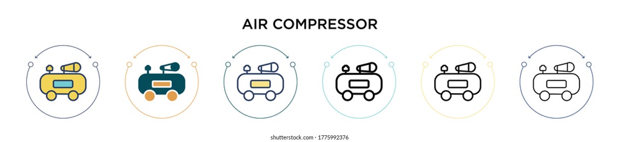 Icono del compresor de aire en el estilo relleno, delgado, contorno y trazo. Ilustración vectorial de dos diseños de iconos vectoriales de compresores de aire de color y negro para móviles, ui, web