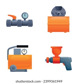 Air compressor icons set cartoon vector. High pressure air compressor. Industrial equipment