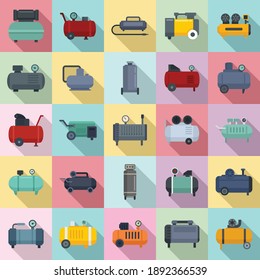 Iconos del compresor de aire. Conjunto plano de iconos vectoriales del compresor de aire para el diseño web