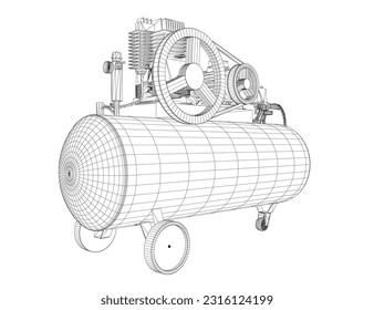 Air Compressor Isolated on White. Air compressor pneumatic icon. Wireframe air compressor pneumatic vector icon for web design isolated on white background. Wireframe flat vector design. 3D..