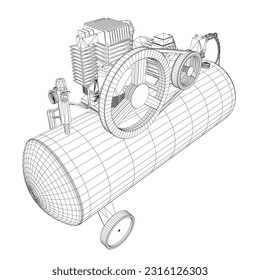 Compresor de aire aislado en blanco. Icono neumático del compresor de aire. Icono de vector neumático del compresor de aire del armazón de alambre para el diseño web aislado en fondo blanco. Diseño vectorial plano de marco de cables. 3 D.