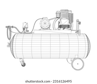 Compresor de aire aislado en blanco. Icono neumático del compresor de aire. Icono de vector neumático del compresor de aire del armazón de alambre para el diseño web aislado en fondo blanco. Diseño vectorial plano de marco de cables. 3 D.