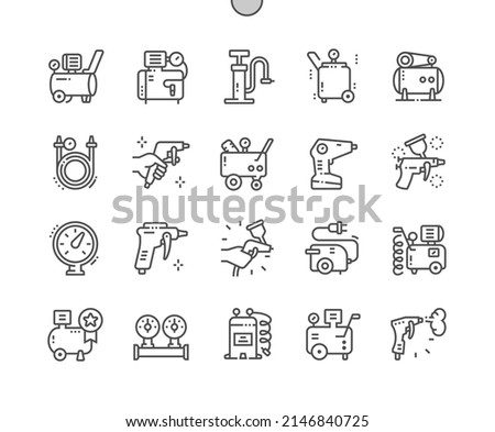 Air compressor. Manometer. Air spray gun. Rotary compressor equipment. Pixel Perfect Vector Thin Line Icons. Simple Minimal Pictogram