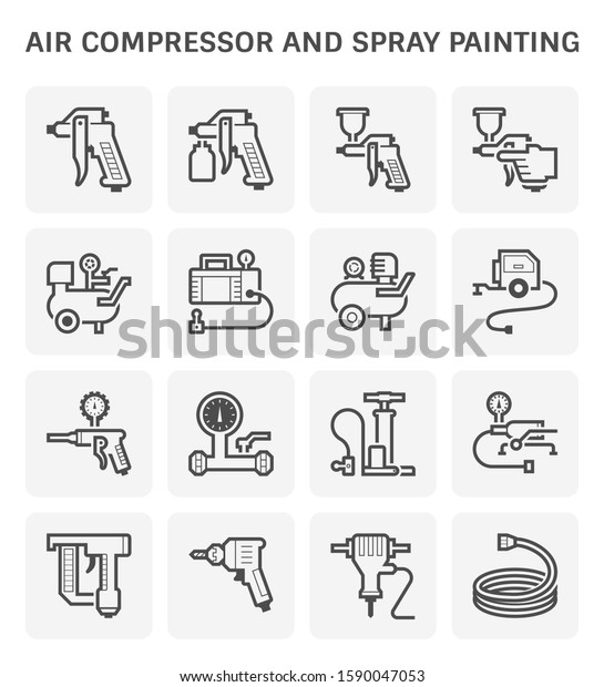 Air compressor and spray painting\
tool vector icon set design, editable stroke and\
adjustable.