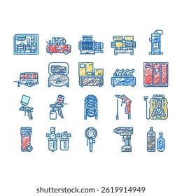 Air Compressor Tool Collection doodle icons set vector. Screw Piston, Membrane Centrifugal, Diesel Rotary Compressor Equipment sketch hand drawn