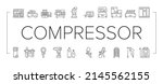 Air Compressor Tool Collection Icons Set Vector. Screw And Piston, Membrane And Centrifugal, Diesel And Rotary Compressor Equipment Black Contour Illustrations