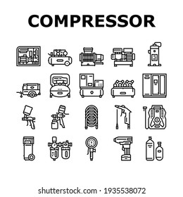 Air Compressor Tool Collection Icons Set Vector. Screw And Piston, Membrane And Centrifugal, Diesel And Rotary Compressor Equipment Black Contour Illustrations
