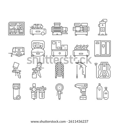 Air Compressor Tool Collection Icons Set Vector. Screw And Piston, Membrane And Centrifugal, Diesel And Rotary Compressor Equipment Black Contour Illustrations