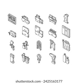 Conjunto de iconos isométricos de la colección de herramientas del compresor de aire. Pictogramas Lineales Del Concepto Del Equipo Del Compresor Del Tornillo Y Del Pistón, De La Membrana Y Del Centrífugo, Diesel Y Rotativo. Color de contorno .