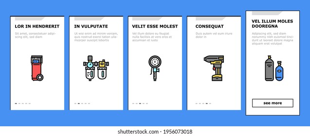 Air Compressor Tool Onboarding Mobile App Page Screen Vector. Screw And Piston, Membrane And Centrifugal, Diesel And Rotary Compressor Equipment Illustrations