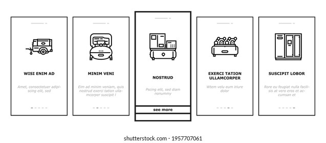Air Compressor Tool Onboarding Mobile App Page Screen Vector. Screw And Piston, Membrane And Centrifugal, Diesel And Rotary Compressor Equipment Illustrations