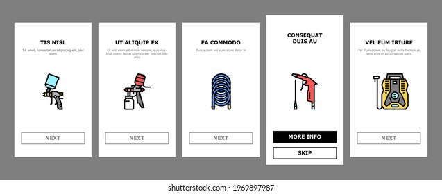Air Compressor Tool Onboarding Mobile App Page Screen Vector. Screw And Piston, Membrane And Centrifugal, Diesel And Rotary Compressor Equipment Illustrations