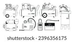 Air Compressors Outline Vector Icons Set. Mechanical Devices That Increase Air Pressure, Converting Power Into Energy