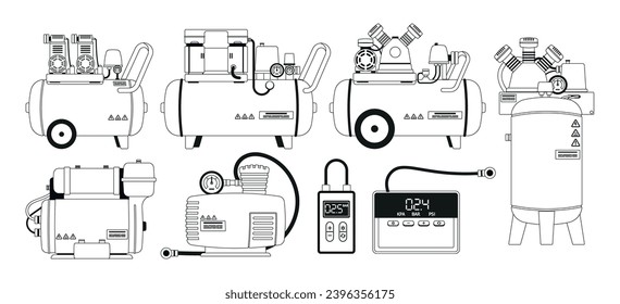 Air Compressors Outline Vector Icons Set. Mechanical Devices That Increase Air Pressure, Converting Power Into Energy