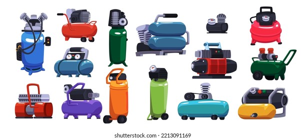 Air compressors set. Vector illustrations of pneumatic equipment for construction works. Cartoon machines with pump, tank of gas under pressure, rotary engine isolated on white. Duct system concept