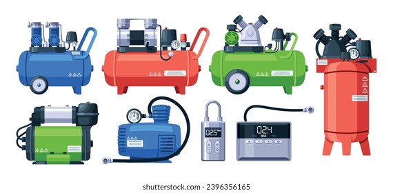 Air Compressors Vector Set. Mechanical Devices That Increase Air Pressure, Converting Power Into Potential Energy