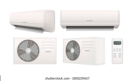 Air conditioner 3d vector illustration in realistic style. Air condition split system set isolated on white background. Home cooler with remote control