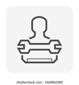 Air conditioner (AC) service, technician vector icon. Include professional person man, evaporator indoor unit part of HVAC system, tool or equipment for install, cleaning, fixing, repair, maintenance.
