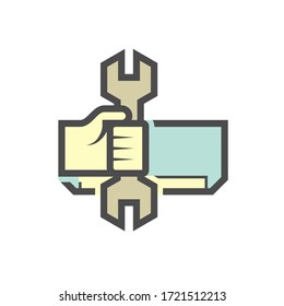 Air conditioner (AC) service, technician vector icon. Include professional person man, evaporator indoor unit part of HVAC system, tool or equipment for install, cleaning, fixing, repair, maintenance.