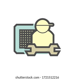 Air conditioner (AC) service, technician vector icon. Include professional person man, condenser unit part of HVAC system, tool or equipment for installation, cleaning, fixing, repair and maintenance.