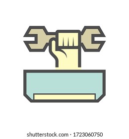 Air conditioner (AC) service, technician vector icon. Include professional person man, evaporator indoor unit part of HVAC system, tool or equipment for install, cleaning, fixing, repair, maintenance.