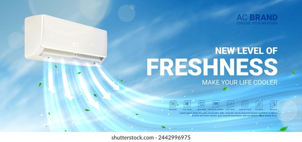 Air conditioner ad template. Realistic vector illustration with air conditioner with cold fresh air with cloudy sky. Modern split system climate control for home. Product mockup concept.