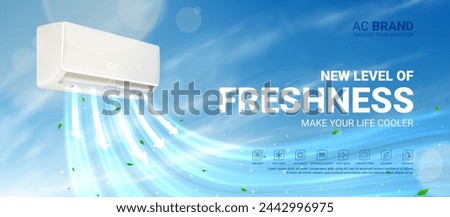 Air conditioner ad template. Realistic vector illustration with air conditioner with cold fresh air with cloudy sky. Modern split system climate control for home. Product mockup concept.