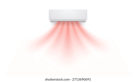 Fluxo de ar condicionado mostrado como fluxos vermelhos quentes provenientes da unidade montada na parede. A imagem mostra dispersão suave de ar aquecido em composição mínima limpa. Ilustração vetorial moderna.