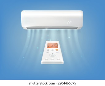 Air conditioner blowing cold air with remote realistic composition on blue background vector illustration