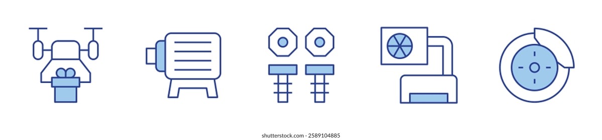 air conditioner, brake disc, drone, electric motor, screw. Engineering Icon vector illustration. Line Duotone style. Editable stroke.