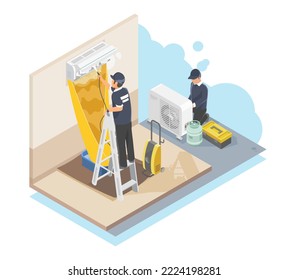 air conditioner cleaning and maintenance home services worker fixing at customer house isometric isolated symbols