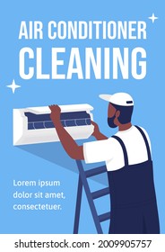 Air conditioner cleaning poster flat vector template. Maintenance task. Brochure, booklet one page concept design with cartoon characters. Cooling performance improving flyer, leaflet with copy space