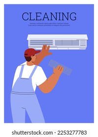 Afiche publicitario del servicio de limpieza de aire acondicionado, ilustración vectorial plana. Hombre en uniforme limpiando CA. Trabajador profesional que mantiene el sistema de refrigeración.