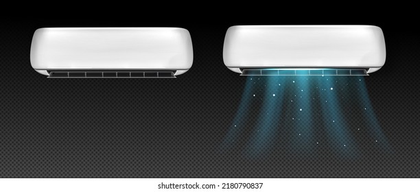 Air conditioner with climate control technology. Split system with cold wind flows. Vector realistic mockup of white air purifier for home and office isolated on transparent background