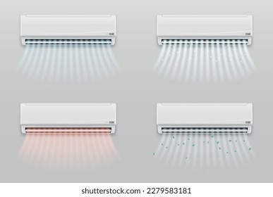 Air conditioner cold warm and refreshing conditions wind waves set realistic vector illustration. Electronic modern appliance for controlling temperature climate indoor purifier conditioning effect